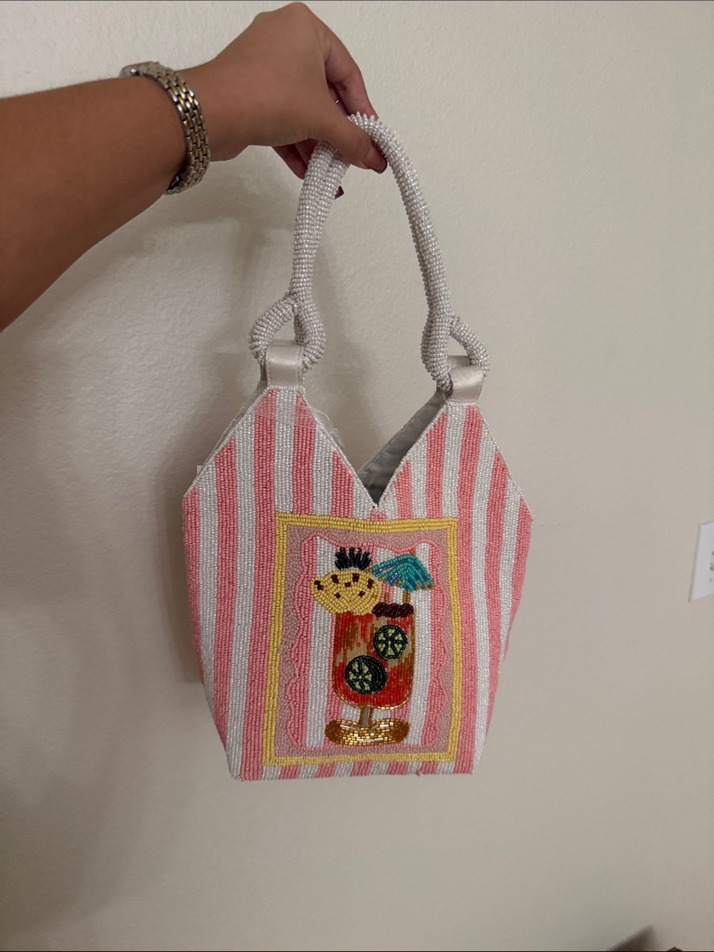 Beaded Pink & White Striped Cocktail Tote